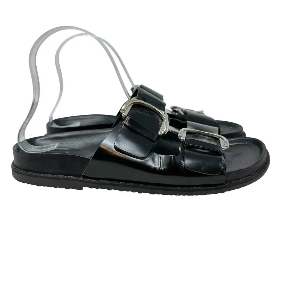 Zara Slide Sandals Buckles Double Strap Faux Leather Black Size 41 US 10 - Picture 8 of 14